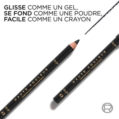 Gros plan du crayon avec le texte : « Glisse comme un gel, s'estompe comme une poudre, facile comme un crayon », soulignant sa formule polyvalente.