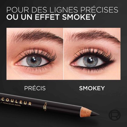 Panneaux comparatifs montrant deux effets de maquillage : une ligne nette « Précise » et un look estompé « Charbonneux ».