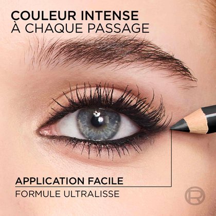 Gros plan d'un œil défini par le crayon avec le titre « Couleur intense à chaque passage », mettant l'accent sur l'application fluide et modulable.