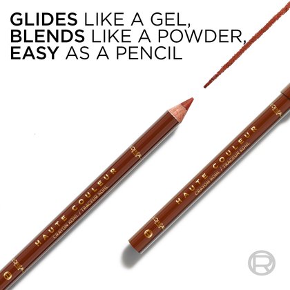 A close-up of the bronze eyeliner pencil with text: "Glides like a gel, blends like a powder, easy as a pencil," highlighting its smooth formula.