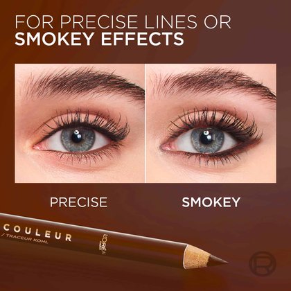 Comparison panels showing two makeup effects with the bronze pencil: a "Precise" sharp bronze line and a "Smokey" blended bronze look.