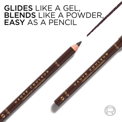 A close-up of the brown eyeliner pencil with text: "Glides like a gel, blends like a powder, easy as a pencil," highlighting its creamy formula.