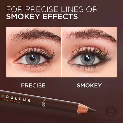 Comparison panels showing two makeup effects with the brown pencil: a "Precise" sharp brown line and a "Smokey" blended brown look.