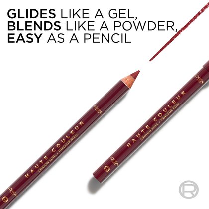 A close-up of the burgundy eyeliner pencil with text: "Glides like a gel, blends like a powder, easy as a pencil," highlighting its unique formula.