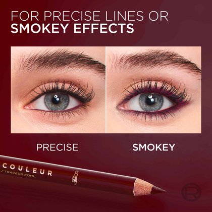 Comparison panels showing two makeup effects with the burgundy pencil: a "Precise" sharp plum line and a "Smokey" blended burgundy look.