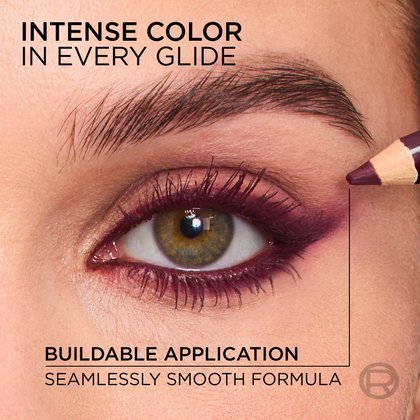 A close-up of an eye being defined by the burgundy eyeliner pencil with the headline "Intense Color in Every Glide," emphasizing the seamless, buildable application.