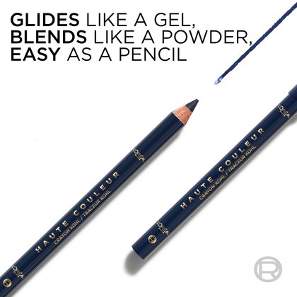 A close-up of the navy eyeliner pencil with text: "Glides like a gel, blends like a powder, easy as a pencil," highlighting its smooth formula.