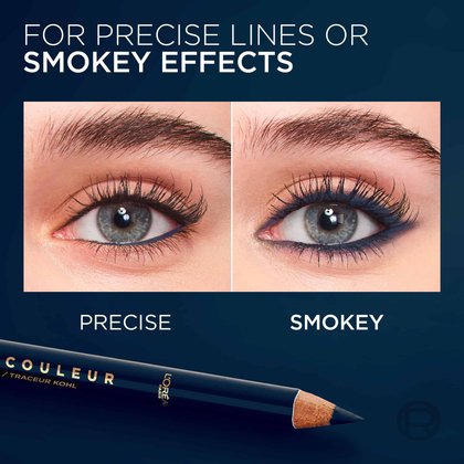 Comparison panels showing two makeup effects with the navy pencil: a "Precise" sharp blue line and a "Smokey" blended blue look.