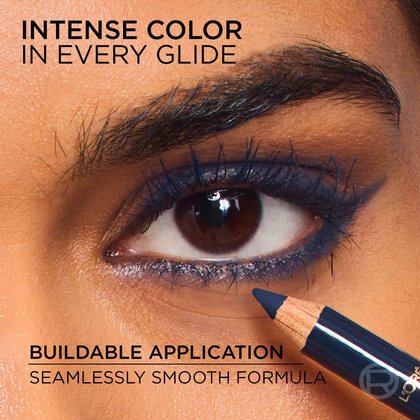 A close-up of an eye being defined by the navy eyeliner pencil with the headline "Intense Color in Every Glide," emphasizing the seamless, buildable application.