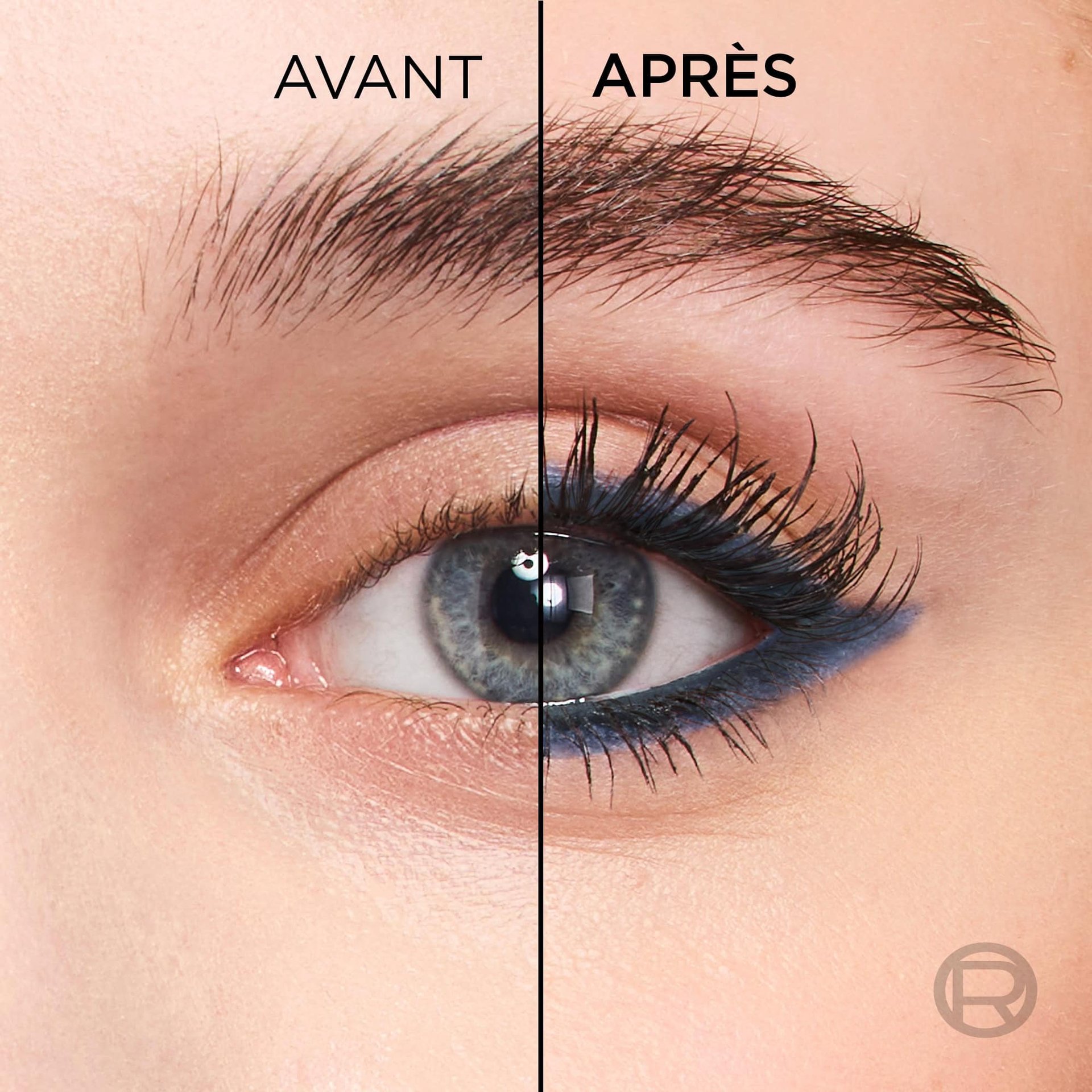 Comparaison montrant l'« Avant » (naturel) et l'« Après » (défini avec le bleu marine) pour un regard intensifié et professionnel.