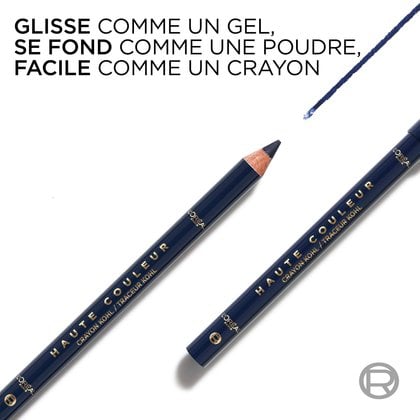 Gros plan du crayon bleu marine avec le texte sur la fluidité de la formule gel-poudre.