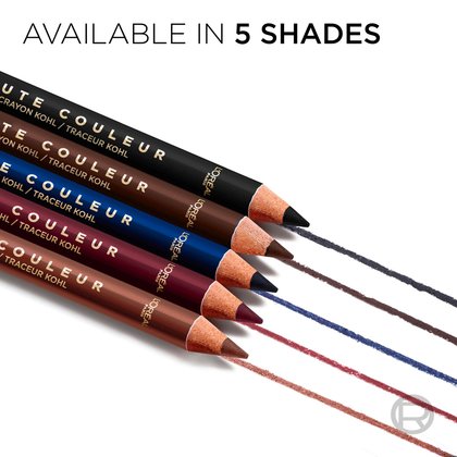 An artistic layout showing the full range of 5 Haute Couleur Kohl shades (Black, Brown, Blue, Burgundy, and Bronze) available in the collection.
