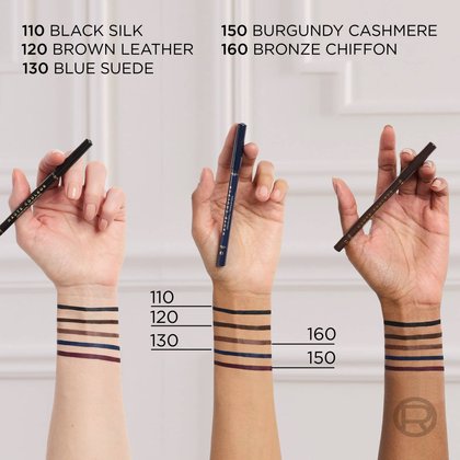 Présentation d'échantillons sur bras montrant les différentes teintes : Black Silk, Brown Leather et Blue Suede avec leurs numéros.