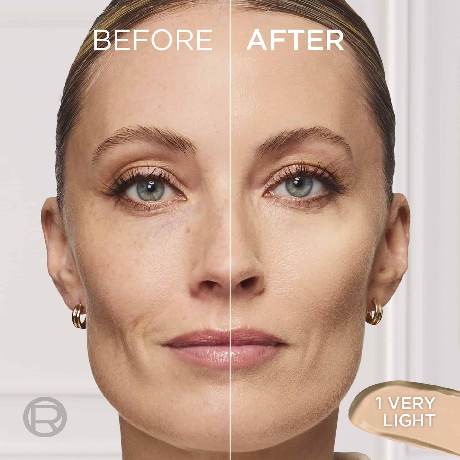 Before and after comparison split-screen of a woman's face, demonstrating a natural, radiant skin finish on her cheek with the text "BEFORE", "AFTER", and "VERY LIGHT".
