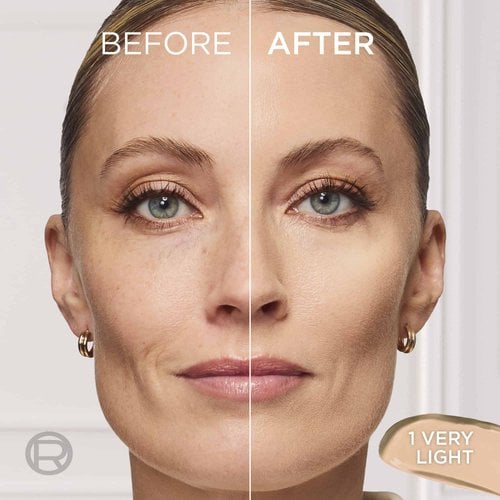 Before and after comparison split-screen of a woman's face, demonstrating a natural, radiant skin finish on her cheek with the text "BEFORE", "AFTER", and "VERY LIGHT".