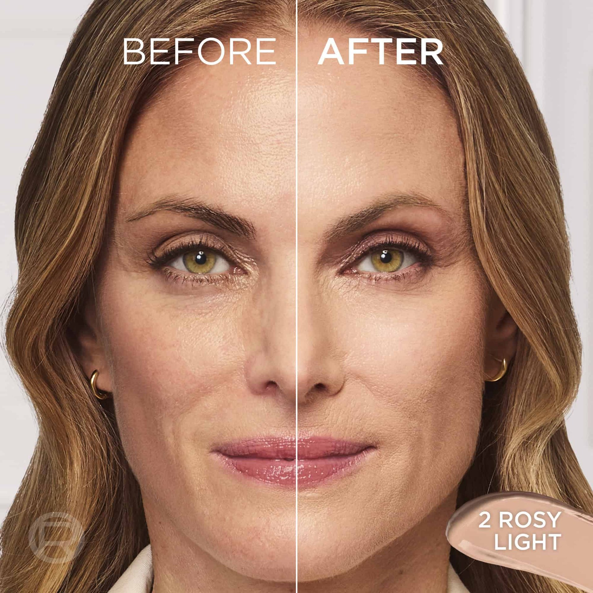 Before and after comparison split-screen of a woman's face, demonstrating a natural, radiant skin finish on her cheek with the text "BEFORE", "AFTER", and "ROSY LIGHT".