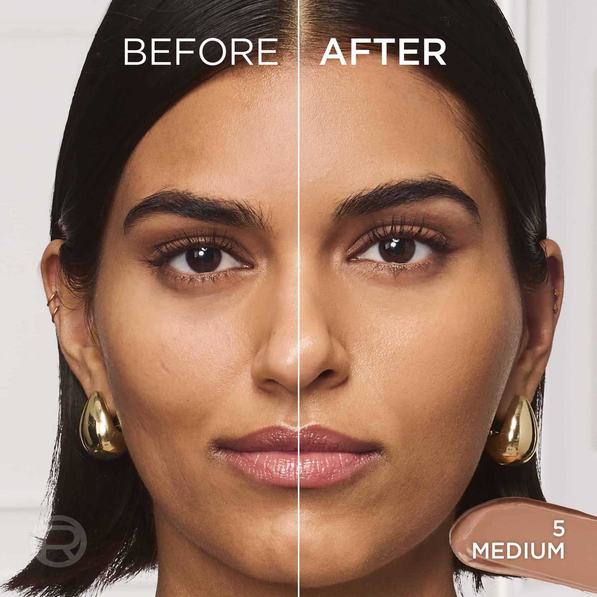Before and after comparison split-screen of a woman's face, demonstrating a natural, radiant skin finish on her cheek with the text "BEFORE", "AFTER", and "MEDIUM".
