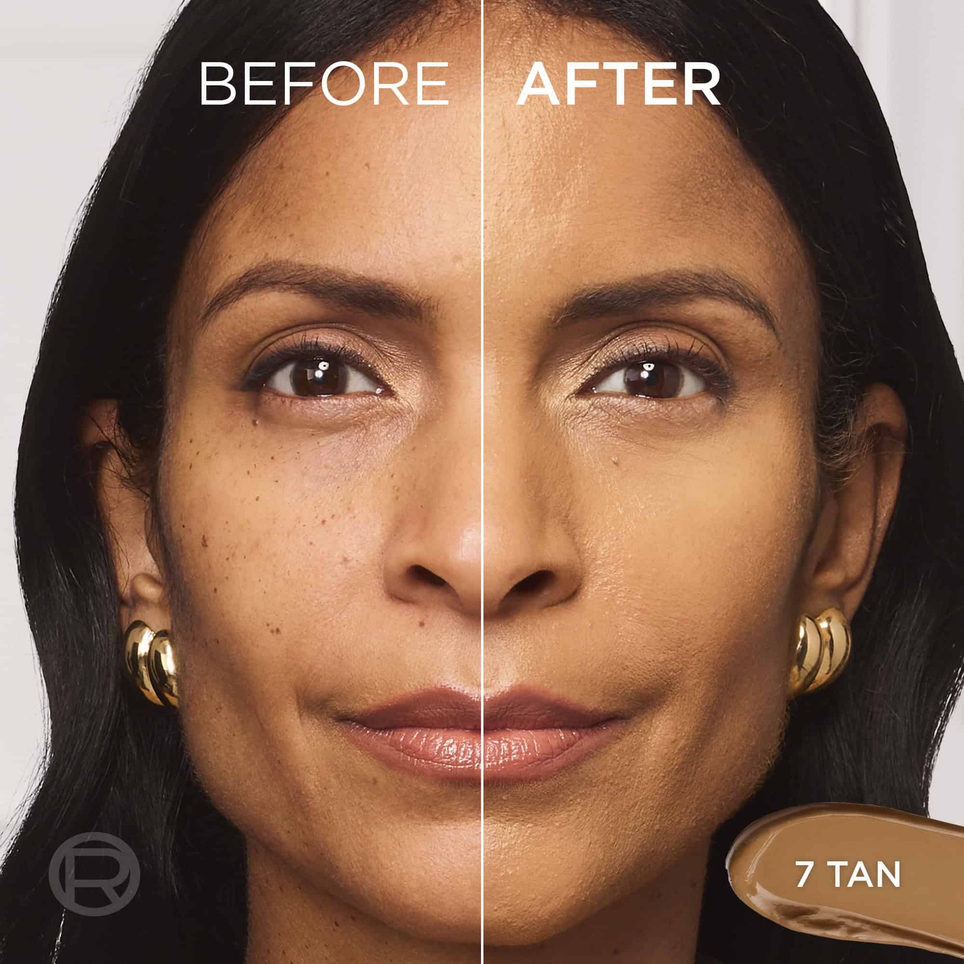 Before and after comparison split-screen of a woman's face, demonstrating a natural, radiant skin finish on her cheek with the text "BEFORE", "AFTER", and "TAN".