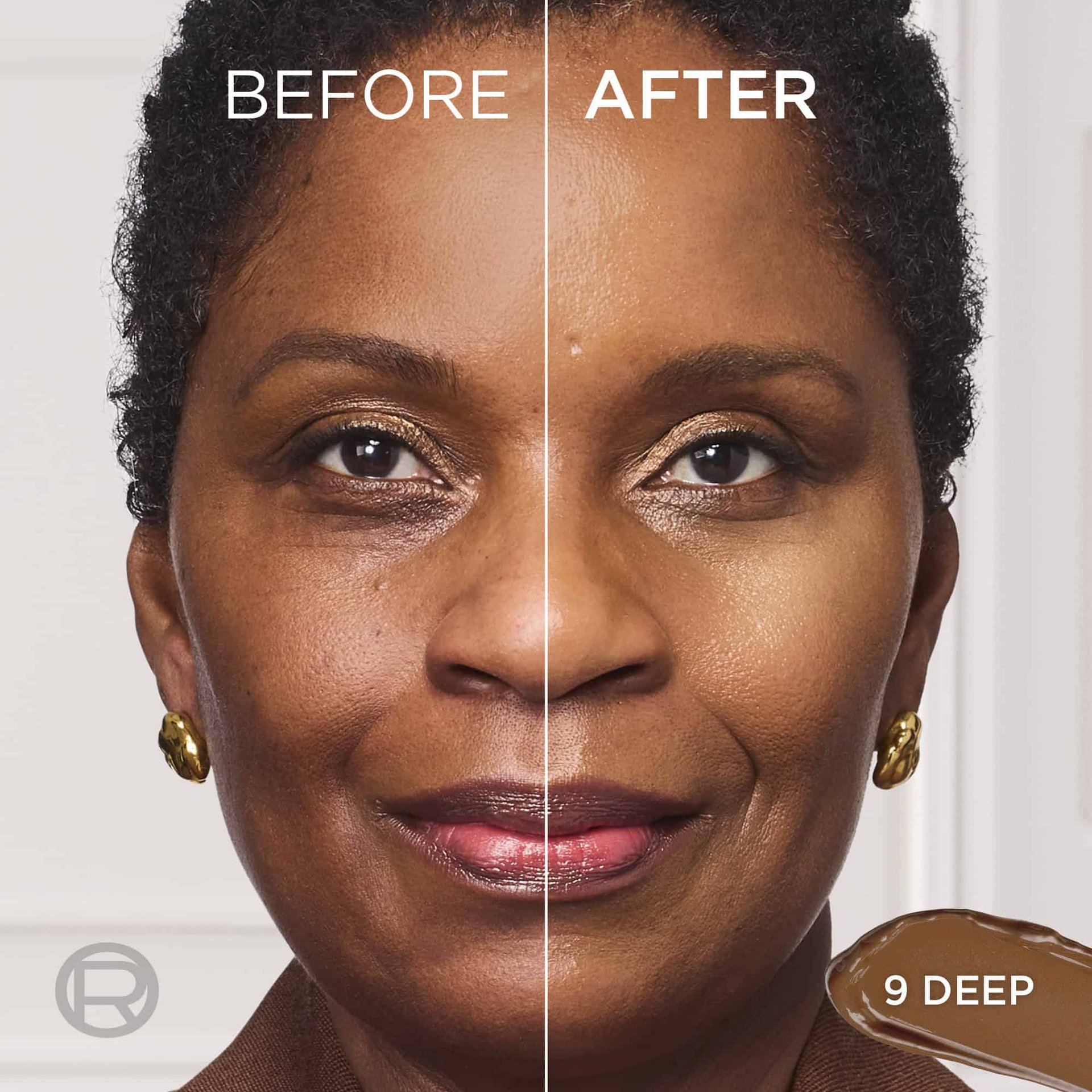 Before and after comparison split-screen of a woman's face, demonstrating a natural, radiant skin finish on her cheek with the text "BEFORE", "AFTER", and "DEEP".