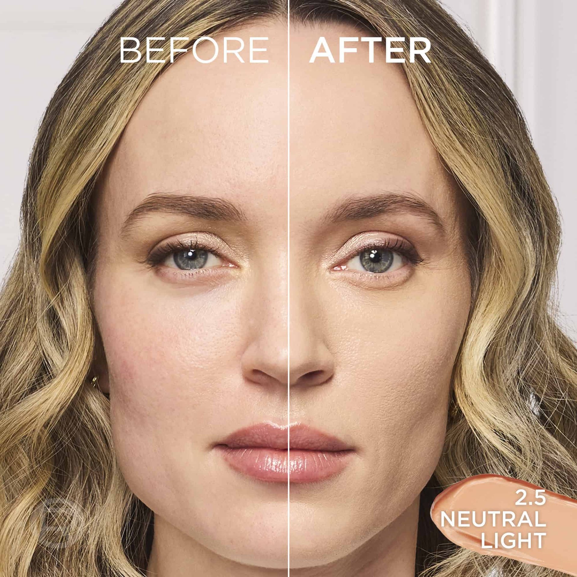 Before and after comparison split-screen of a woman's face, demonstrating a natural, radiant skin finish on her cheek with the text "BEFORE", "AFTER", and "NEUTRAL LIGHT".