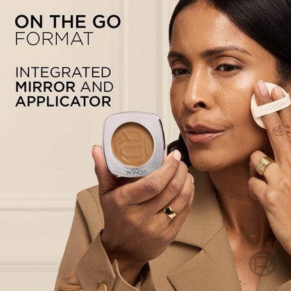 A woman holding the compact open to show the built-in mirror and applying the product with the puff applicator, labeled "ON THE GO FORMAT INTEGRATED MIRROR AND APPLICATOR".