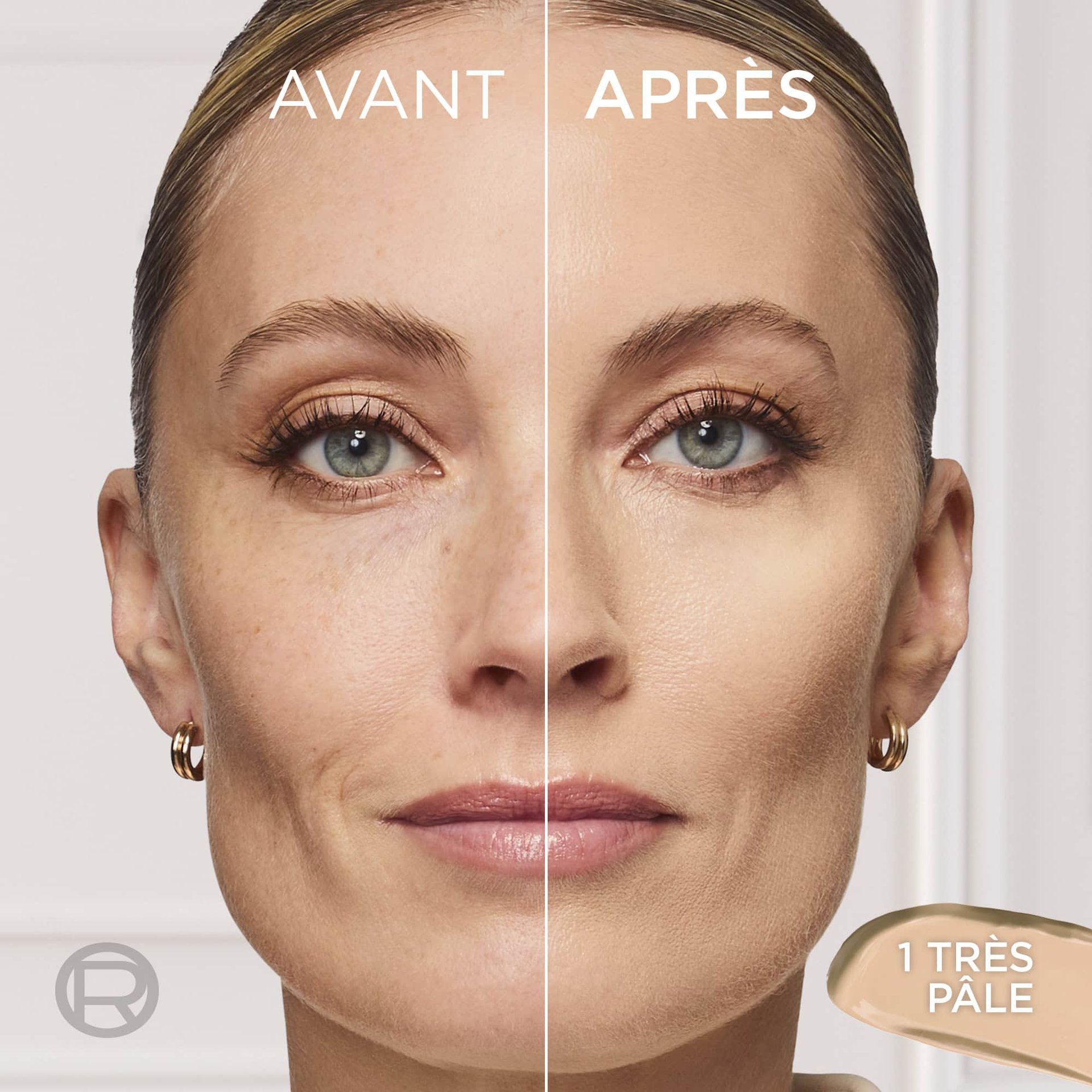 Écran partagé de comparaison avant/après du visage d'une femme, montrant un fini de peau naturel et radieux sur sa joue avec les textes "AVANT", "APRÈS" et "TRÈS PÂLE".