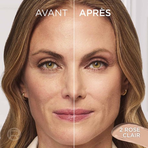 Écran partagé de comparaison avant/après du visage d'une femme, montrant un fini de peau naturel et radieux sur sa joue avec les textes "AVANT", "APRÈS" et "ROSE CLAIR".