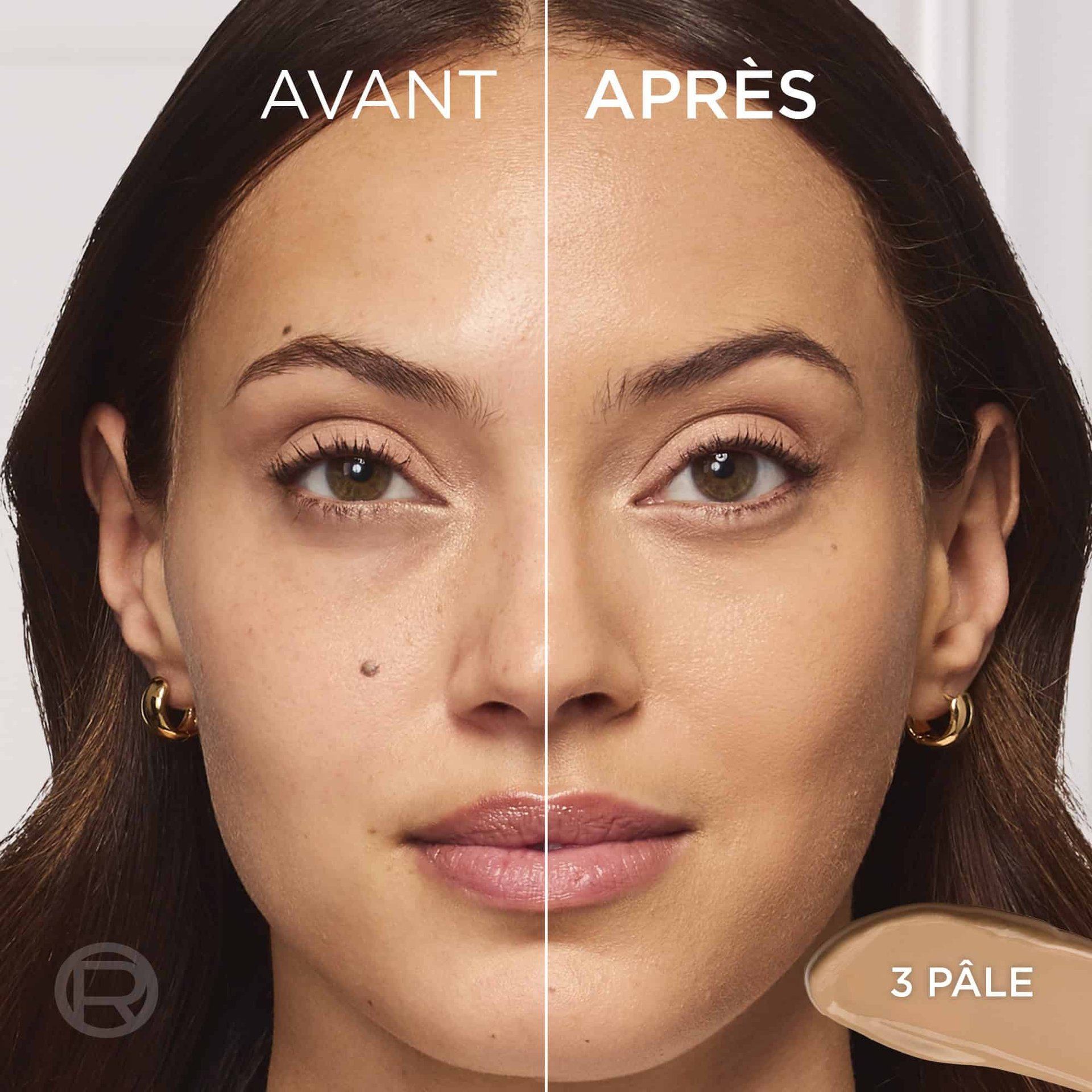 Écran partagé de comparaison avant/après du visage d'une femme, montrant un fini de peau naturel et radieux sur sa joue avec les textes "AVANT", "APRÈS" et "PÂLE".
