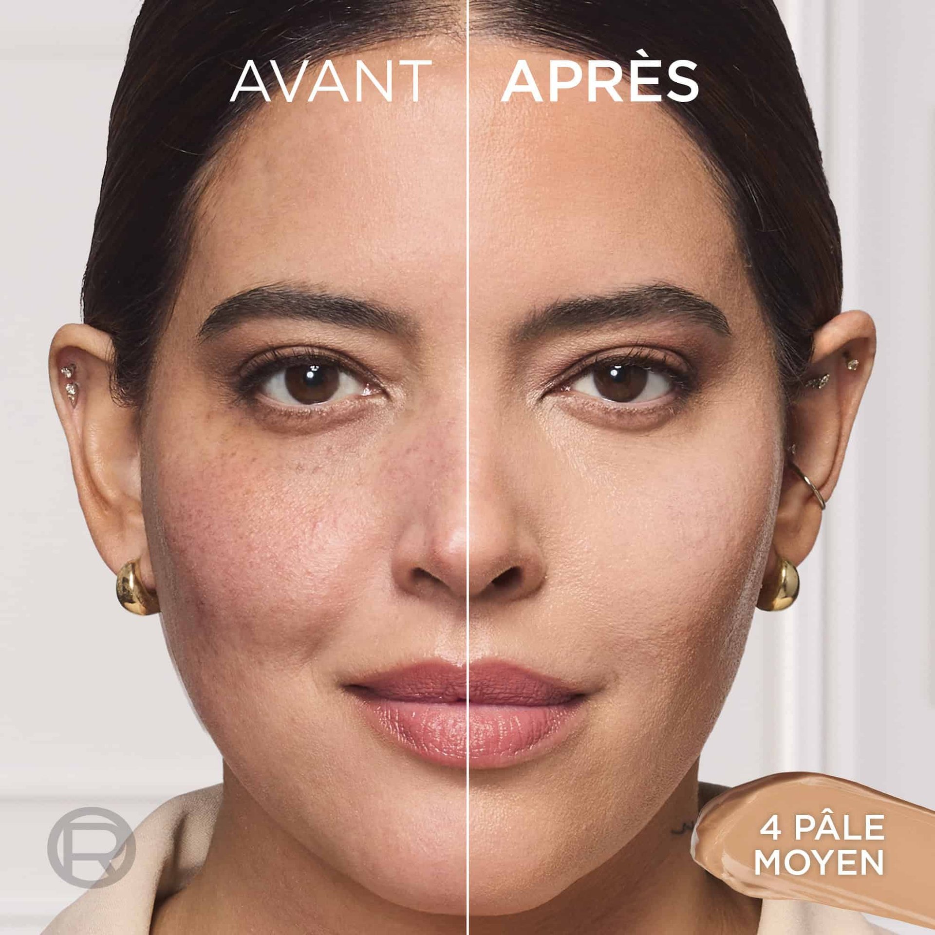 Écran partagé de comparaison avant/après du visage d'une femme, montrant un fini de peau naturel et radieux sur sa joue avec les textes "AVANT", "APRÈS" et "PÂLE MOYEN".