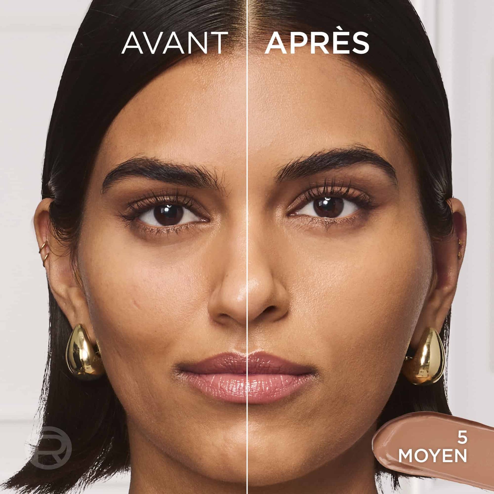 Écran partagé de comparaison avant/après du visage d'une femme, montrant un fini de peau naturel et radieux sur sa joue avec les textes "AVANT", "APRÈS" et "MOYEN".
