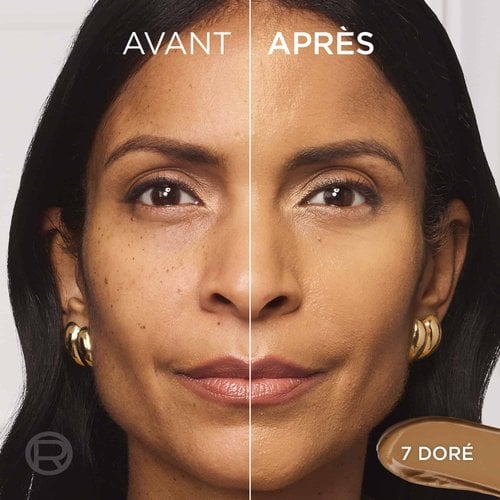 Écran partagé de comparaison avant/après du visage d'une femme, montrant un fini de peau naturel et radieux sur sa joue avec les textes "AVANT", "APRÈS" et "DORÉ".