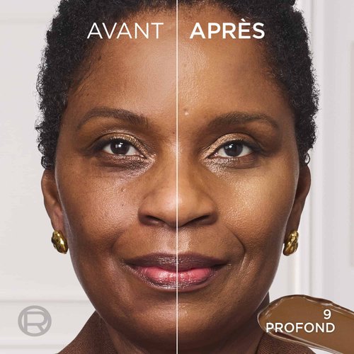 Écran partagé de comparaison avant/après du visage d'une femme, montrant un fini de peau naturel et radieux sur sa joue avec les textes "AVANT", "APRÈS" et "PROFOND".