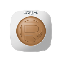 A smooth, horizontal smear swatch of L'Oréal Paris Hyaluron Tinted Balm foundation on a plain white background. The formula has a rich, creamy, and hydrating serum-balm texture in a luminous, deep amber-tan skin tone shade.