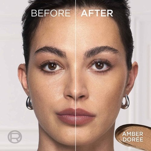 Before and after comparison split-screen of a woman's face, demonstrating a natural, radiant glow on her cheek with the text "BEFORE", "AFTER", and "AMBER DOREE".