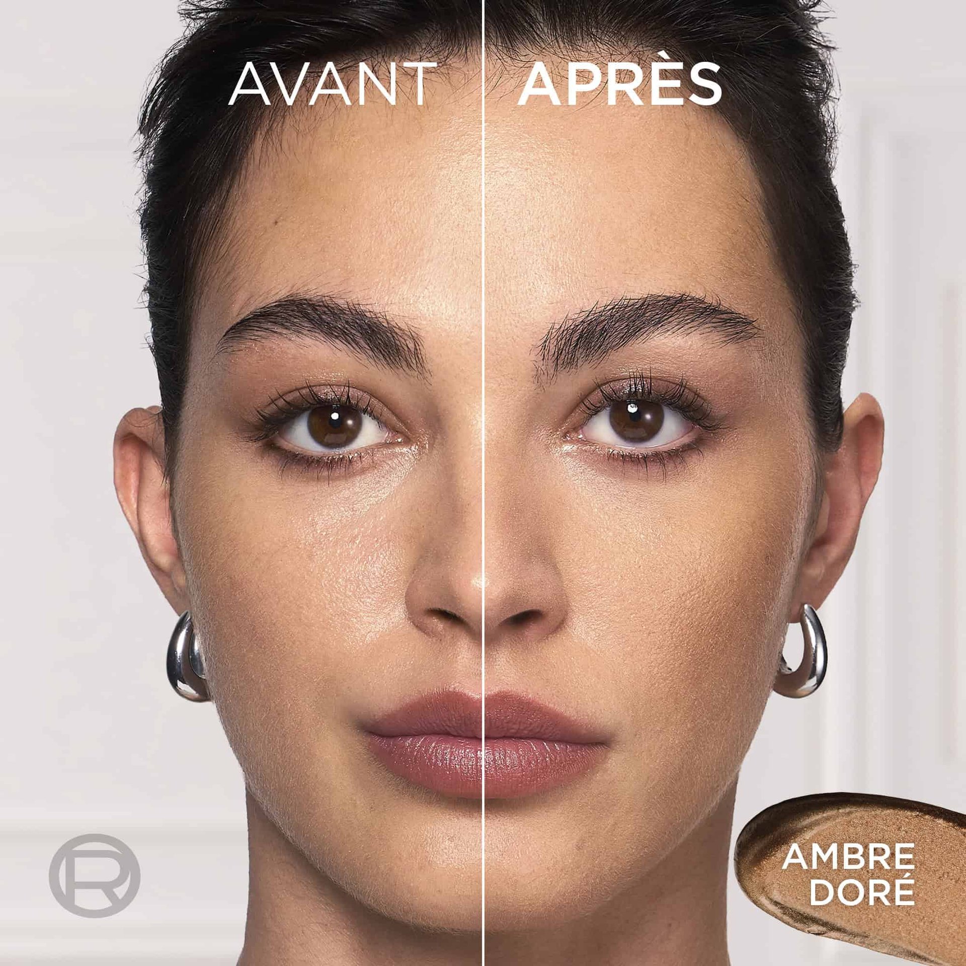 Écran partagé de comparaison avant/après du visage d'une femme, montrant un éclat naturel et radieux sur sa joue avec les textes "BEFORE", "AFTER" et "AMBER DOREE".