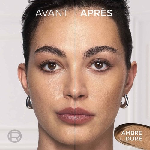 Écran partagé de comparaison avant/après du visage d'une femme, montrant un éclat naturel et radieux sur sa joue avec les textes "BEFORE", "AFTER" et "AMBER DOREE".