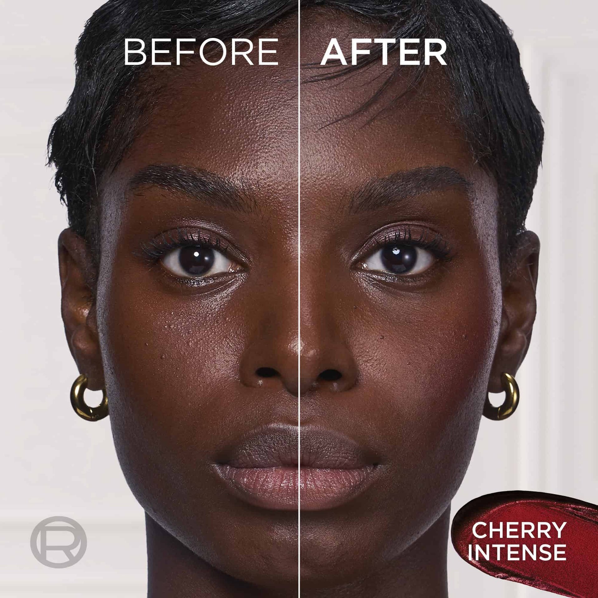 Before and after comparison split-screen of a woman's face, demonstrating a natural, radiant glow on her cheek with the text "BEFORE", "AFTER", and "CHERRY INTENSE".