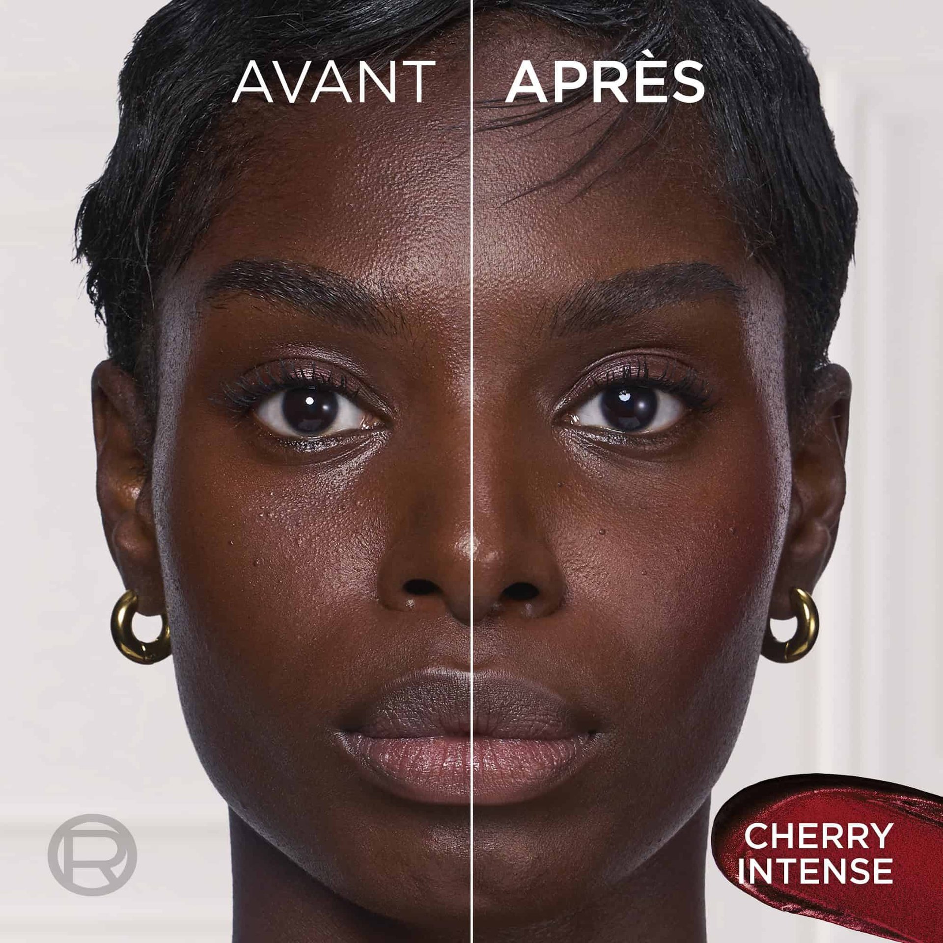 Écran partagé de comparaison avant/après du visage d'une femme, montrant un éclat naturel et radieux sur sa joue avec les textes "BEFORE", "AFTER" et "CHERRY INTENSE".