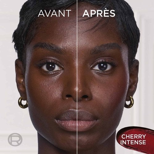 Écran partagé de comparaison avant/après du visage d'une femme, montrant un éclat naturel et radieux sur sa joue avec les textes "BEFORE", "AFTER" et "CHERRY INTENSE".