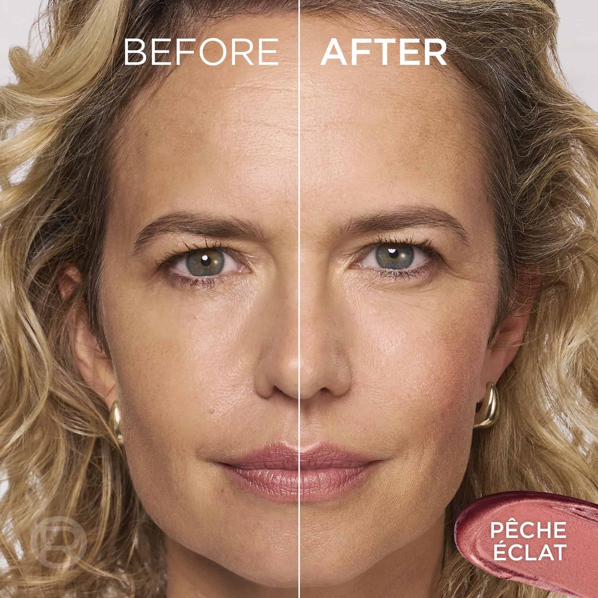 Before and after comparison split-screen of a woman's face, demonstrating a natural, radiant glow on her cheek with the text "BEFORE", "AFTER", and "PECHE ECLAT".