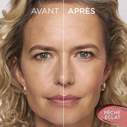 Écran partagé de comparaison avant/après du visage d'une femme, montrant un éclat naturel et radieux sur sa joue avec les textes "BEFORE", "AFTER" et "PECHE ECLAT".