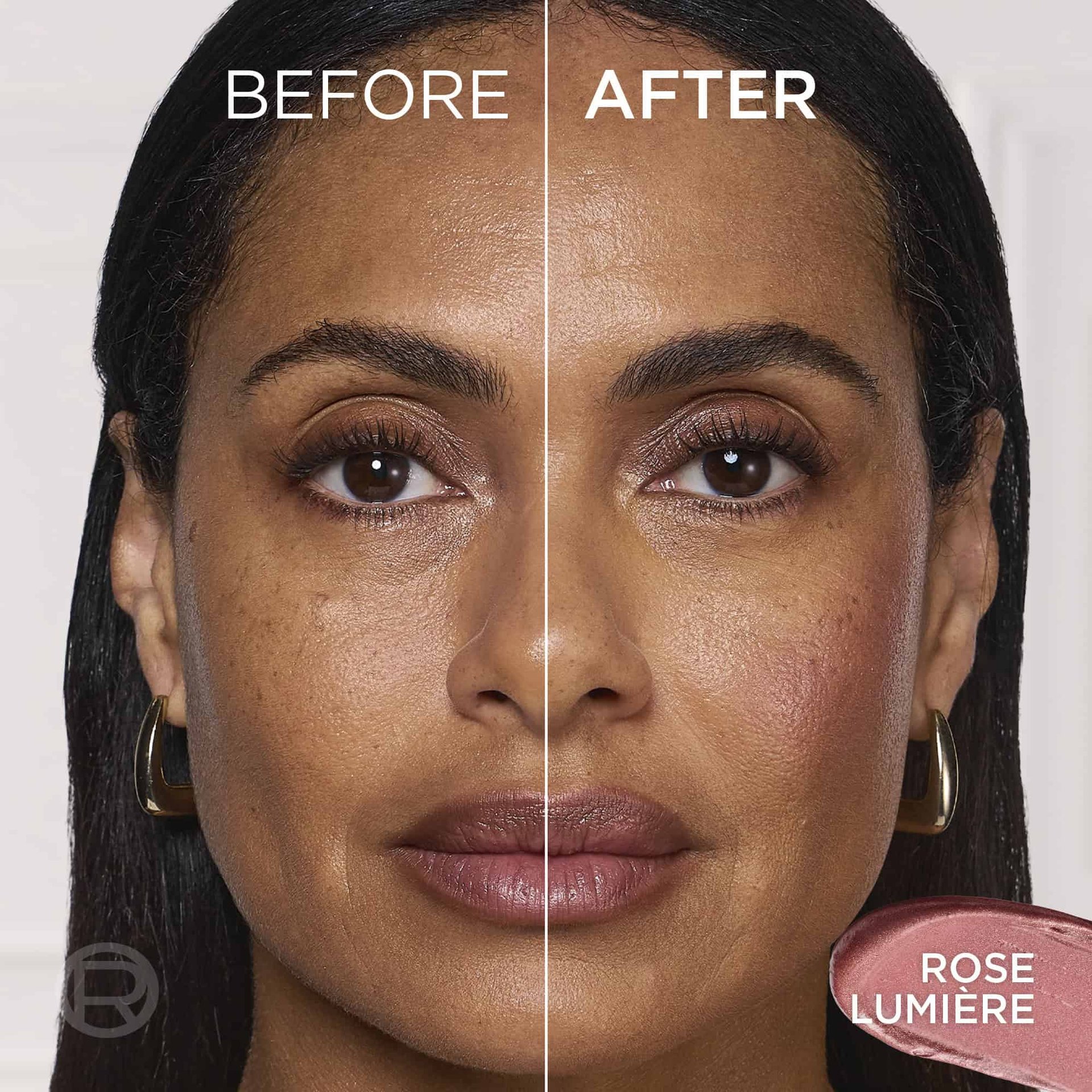 Before and after comparison split-screen of a woman's face, demonstrating a natural, radiant pink glow on her cheek with the text "BEFORE", "AFTER", and "ROSE LUMIÈRE".