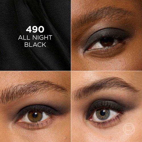 A four-way split screen showing close-ups of different eye shapes and iris colors, all wearing the "490 All Night Black" eyeshadow.