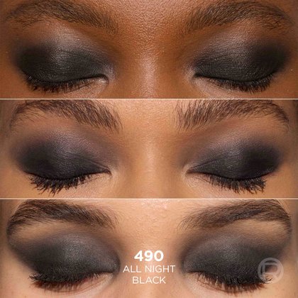 A vertical triple-view close-up focusing on the eyelids of a model, demonstrating the blendable finish of the black shade.