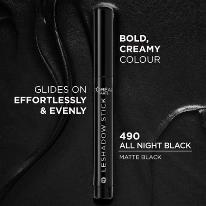 A promotional image showing the shadow stick and a bold stroke of pigment with text: "Slides on effortlessly & evenly."