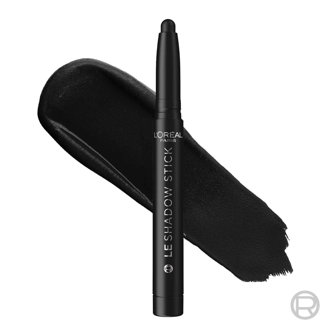 A professional product packshot of a black L'Oréal Shadow Stick shown upright alongside a smooth, thick swipe of the creamy black pigment.