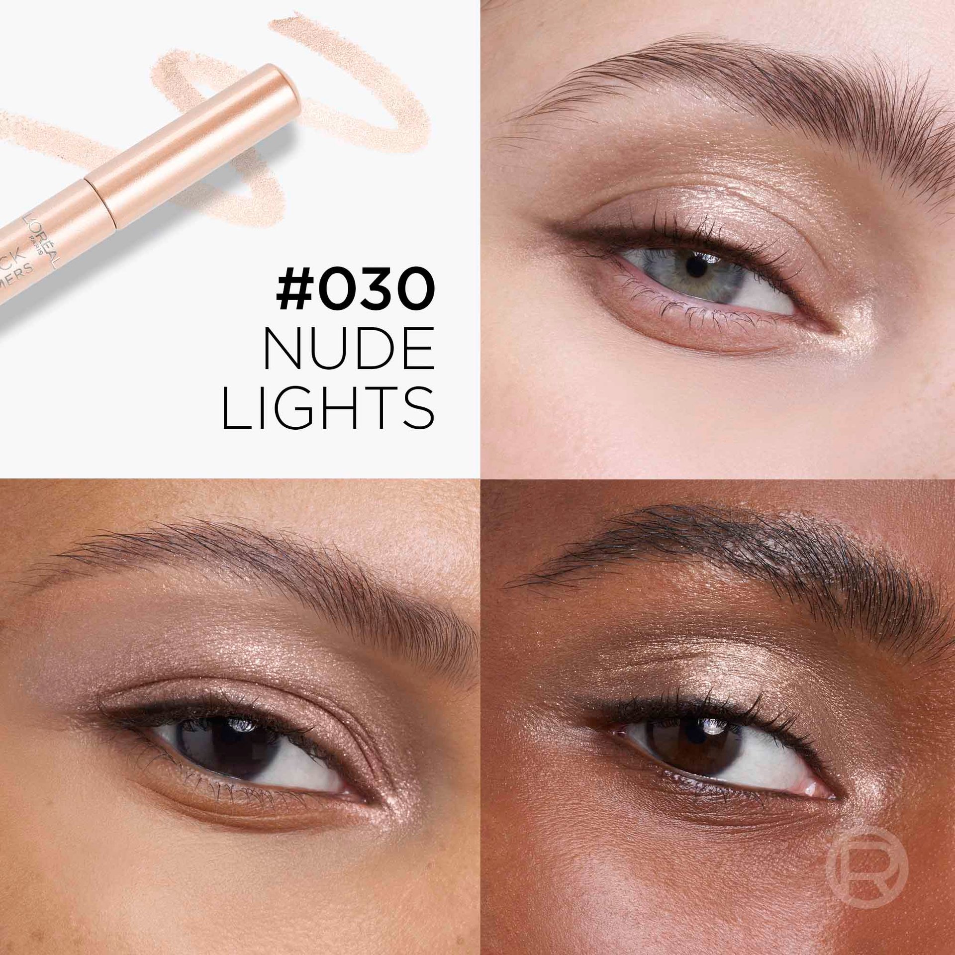 A four-way split screen showing the '030 Nude Lights' shimmer shade applied to eyes of various skin tones and shapes.