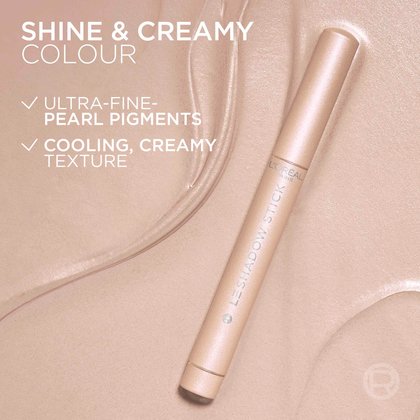 Product shot highlighting 'Shine & Creamy Colour' with text mentioning ultra-fine pearl pigments and a cooling, creamy texture.