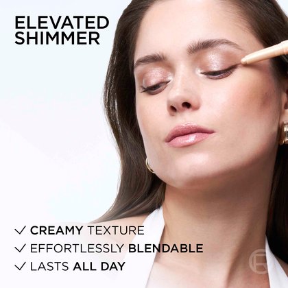 A model applying the champagne shadow stick, with text emphasizing its elevated shimmer, creamy texture, and all-day wear.