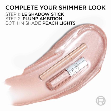 A promotional graphic titled "Complete Your Shimmer Look," featuring both the Nude Lights shadow stick and Plump Ambition lip gloss on a large creamy swatch.